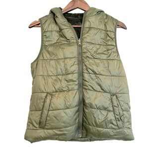 Guess Olive Green Reversible Puffer Vest Faux Fur Zip Vest Size Medium